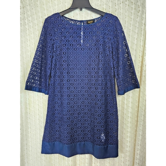 Laundry By Shelli Segal Knit Lace Overlay Mini Sheath Dress Navy Blue Size 8 - Picture 1 of 7